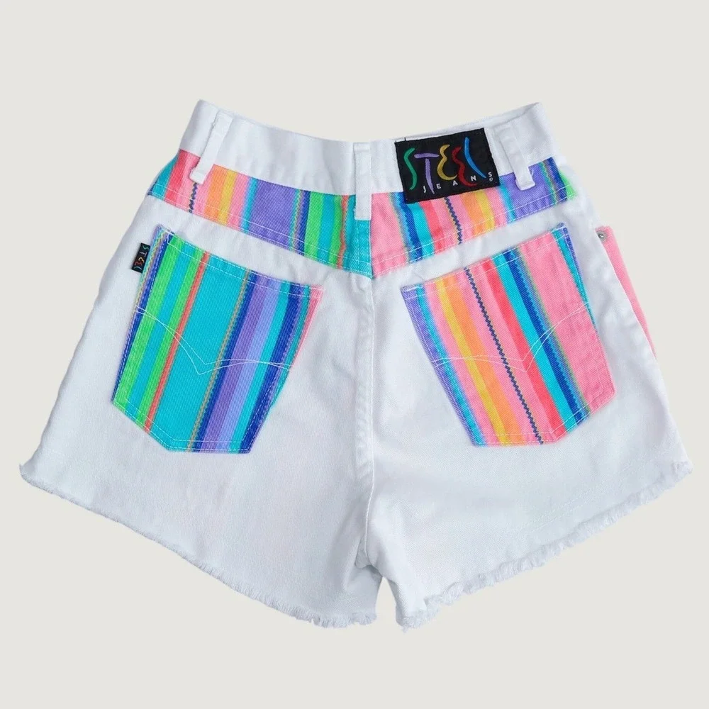 Vintage‎ 90s Steel Jeans Denim Shorts Womens 7 White Rainbow Stripe Fringe USA